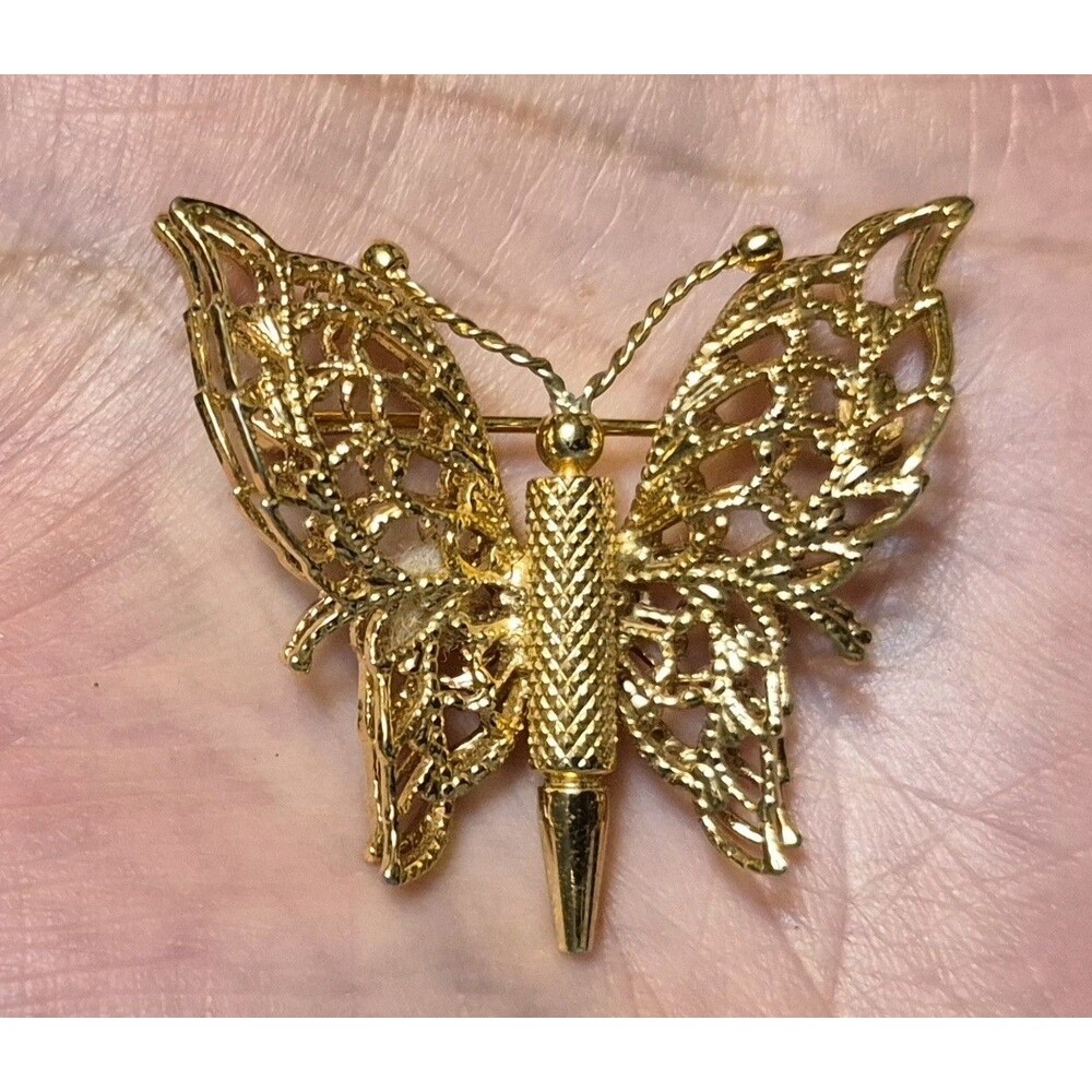 Vintage Monet Gold Tone Filigree Butterfly Brooch Signed
